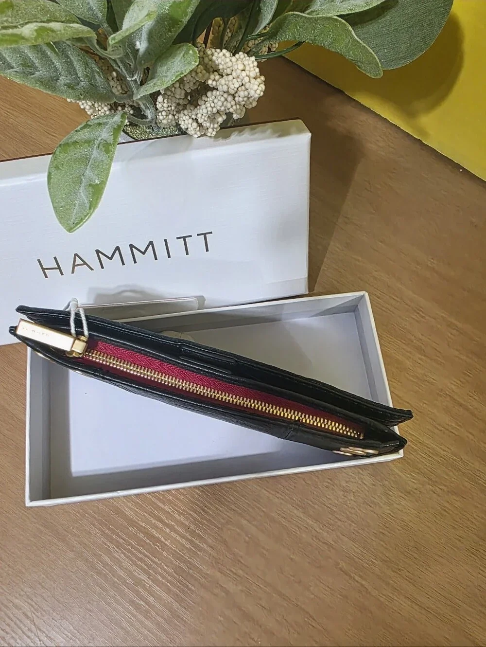 Hammitt Black Leather Zip Wallet with Gold Disc Accents